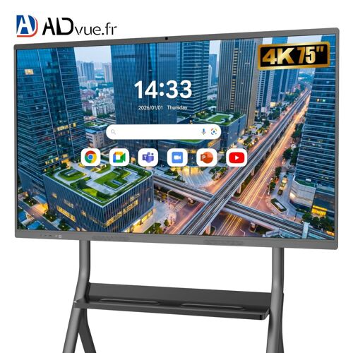 ADVUE Écran Interactif 75 pouces 4K UHD - Android 14 EDLA & Windows OPS - Tactile 20 points - Visioconférence Pro