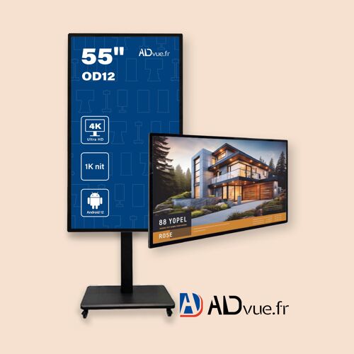 ADVUE Écran d'Affichage Dynamique 4K UHD 55 pouces - Moniteur Vitrine Haute Luminosité 1000 Nits - Android 12, 24/7, Wi-Fi USB - Panneau Digital Publicitaire Magasin Commerce.