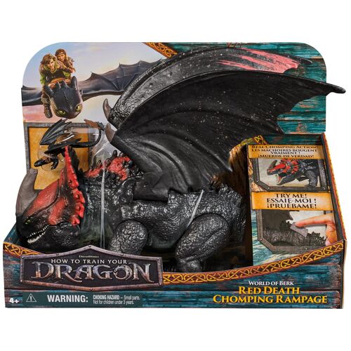 DreamWorks Dragons, How to train Your Dragon, Le monde de Beurk : mâchoire articulée de Red Death, jouet dragon de 28 cm avec figurine Toothless exclusive, à partir de 4 ans