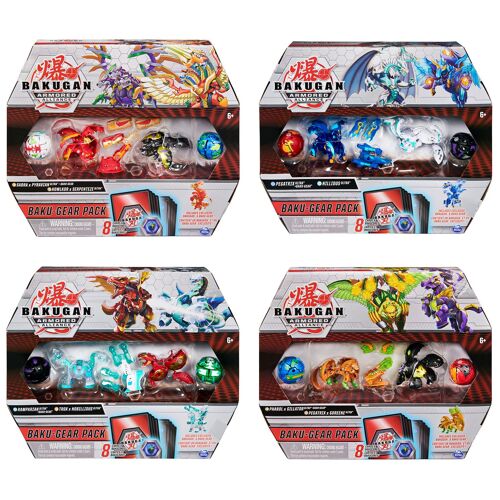 Bakugan Baku-Gear, Coffret de 4 personnages, Sairus Ultra avec équipement Baku-Gear et Fusion Trox x Nobilious Ultra, Figurines articulées à collectionner