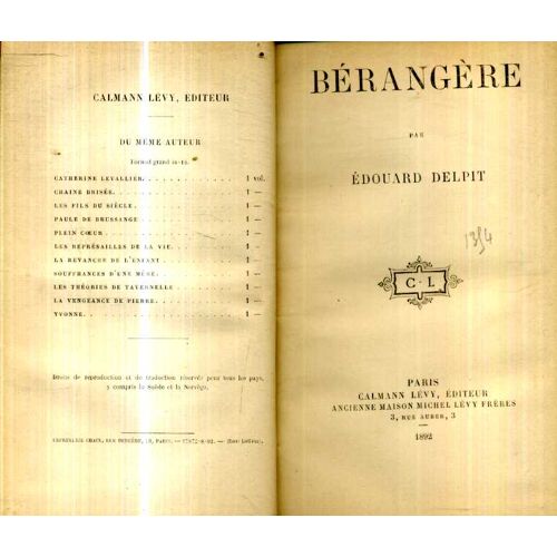 Berangere Par Edouard Delpit Editions Calmann Levy 1892 363pages