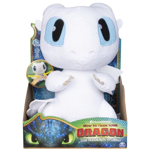 DreamWorks Dragons, Squeeze & Growl Lightfury, Dragon en peluche de 25 cm avec effets sonores, à partir de 4 ans