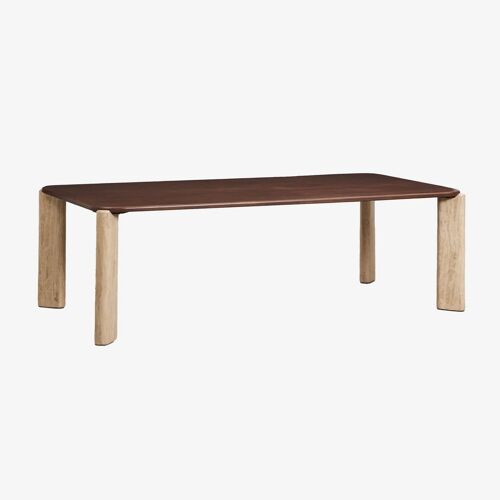 Table à manger rectangulaire 230x110 cm en bois de manguier et pierre naturelle Andeca Bois de manguier foncé - Travertin
