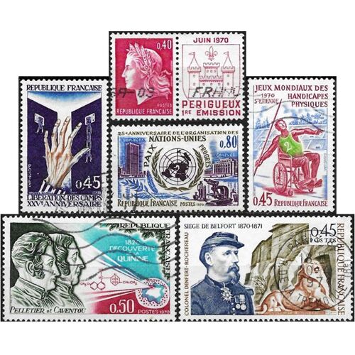 France 1970, Beaux Timbres Yvert 1633 La Quinine, 1643 Imprimerie De Périgueux, 1648 Libération Des Camps, 1649 Jeux Mondiaux Pour Handicapés, 1658 25 Ans De L'onu, 1660 Slège De Belfort, Obli. Tbe.