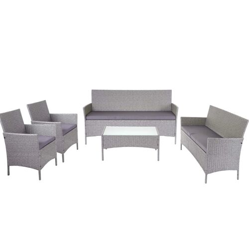 Salon De Jardin En Résine Tressée 6 Places Avec Canapé Fauteuils Table Et Coussins Poly Rotin Gris Coussins Anthracite 04_0011075