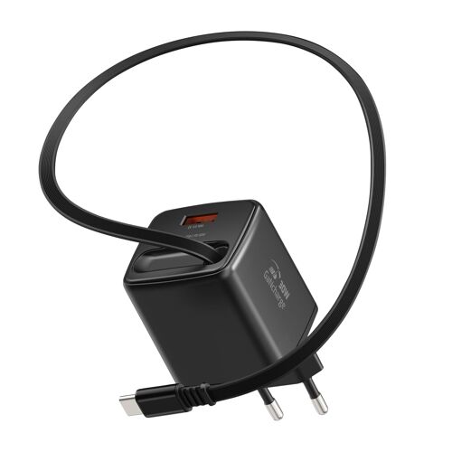 Chargeur Secteur USB-A 30W avec Câble Rétractable USB-C 0.75m Intégré Swissten Noir