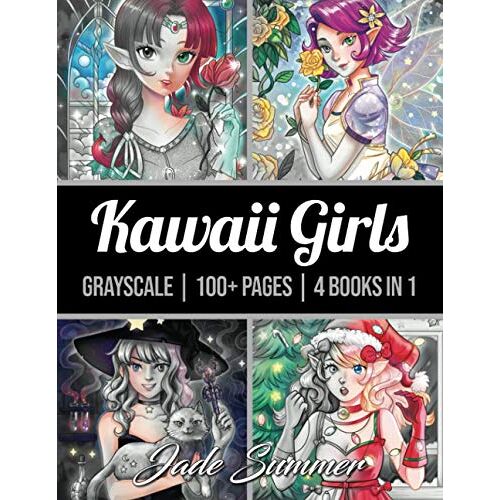 100 Kawaii Girls Grayscale: An Adult Coloring Book Collection With Cute Portraits, Fantasy, Horror, Christmas, And More! (Kawaii Girls Coloring Books)