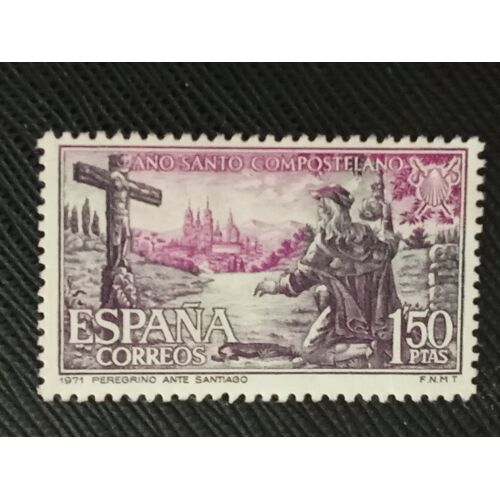 Timbre Espagne Y T 1718 Pèlerin Devant La Cathédrale De Saint-Jacques-De-Compostelle 1971 (180510 )