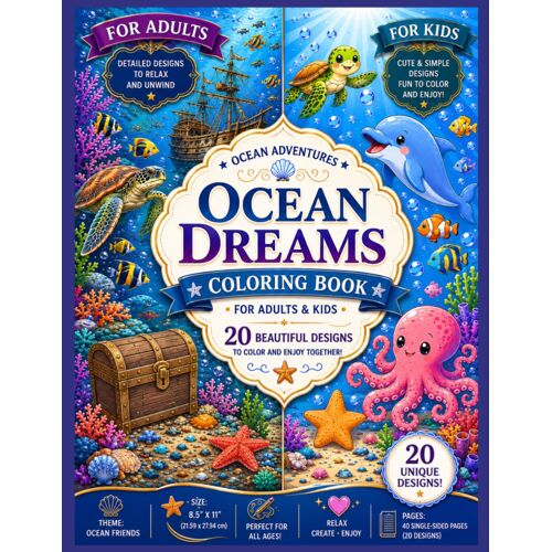 Ocean Dreams Coloring Book For Adults & Kids: A Relaxing Coloring Book For Adults & Kids Featuring Cute Ocean Animals, Sea Creatures, And Fantasy Underwater Worlds