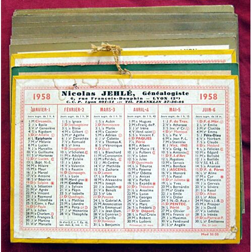 Collectors. Lot De 19 Calendriers Publicitaires. Généalogistes Lyonnais. 1958 / 1986.