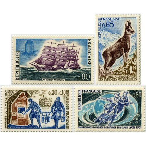 France 1971, Très Beaux Timbres Neufs** Luxe Yvert 1665 Championnats De Patinage À Lyon, 1671 Journée Du Timbre, 1674 Voiliers Cap Hornier "Antoinette" Et 1675 Protection De La Nature, L'isard.