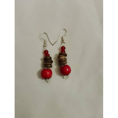 Boucles D'Oreilles En Bois,Noix De Coco, Plastique, Argent Tibétain Marrons/Rouges Neuves.