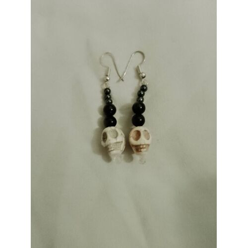 Boucles D'Oreilles Artisanales En Pierre, Rocaille Noires/Blanches Neuve