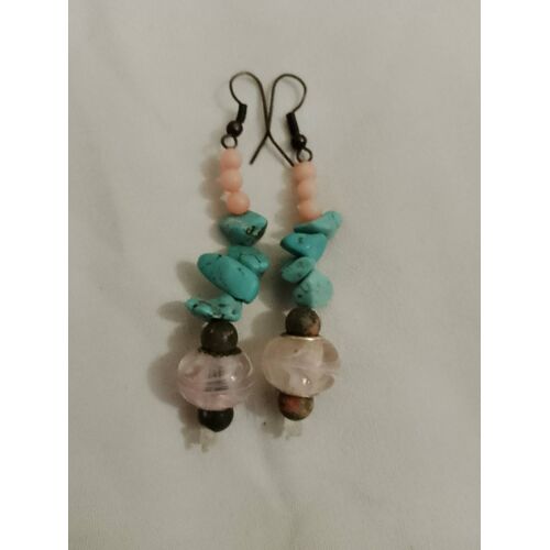 Boucles D'Oreilles Artisanales En Pierre, Verre Multicolores Neuves.