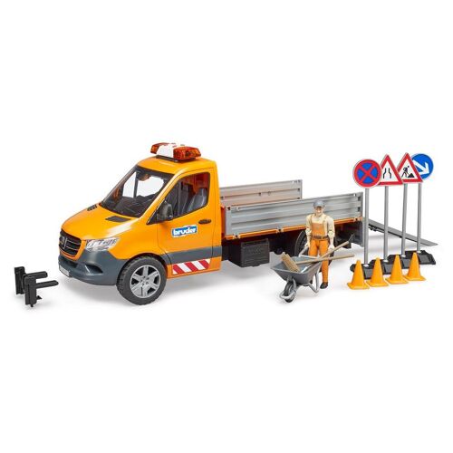 BRUDER CAMION MUNICIPAL DE TRANSPORT MERCEDES BENZ AVEC MODULE SON ET LUMIERE, PERSONNAGE ET ACCESSOIRES