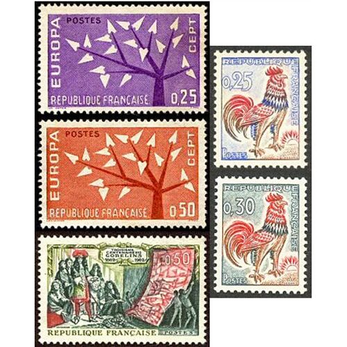 France 1962, Très Beaux Timbres Neufs** Luxe Coq De Decaris Yvert 1331 0.F25 Et 1331a 0f.30 Et Paire Europa Cept, 1343 300 Ans Des Gobelins 1358 Et 1359, Arbre À 19 Feuilles, Dessin De Lex Weyer -