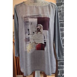 Pull Fluide Et Léger Gris, Imprimé Devant Et Avec Le Col Argenté