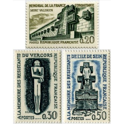 France 1962, Très Beaux Timbres Neufs** Luxe Yvert 1335 1336 1337, Hauts Lieux De La Résistance, Le Mont Valérien, Le Vercors, L'Ile De Sein.