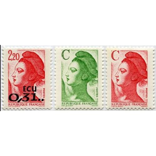 France 1988 / 1990, Très Beaus Timbres Neufs** Luxe Yvert 2530, 2615 Et 2616, Type Liberté Par Gandon D'après Delacroix, 2.20f Rouge Surchargé "0,31 Écu", Code Valeur C Vert Et C Rouge.