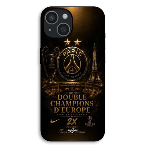 Coque Pour iPhone 15 PSG champions league 2 étoiles noir et dorée Maniacase