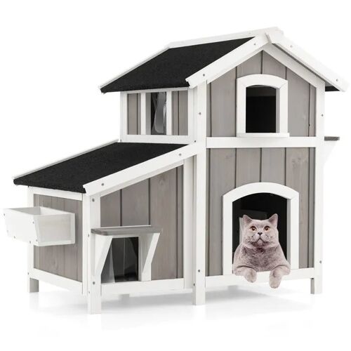Costway Maison Pour Chat À 2 Etages En Bois De Sapin Avec Portes, Rideaux En Pvc, Toit En Asphalte Résistant Aux Intempéries