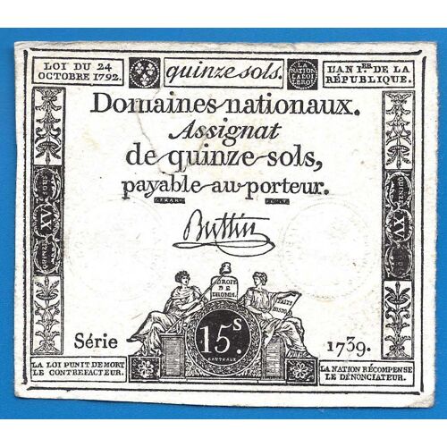 France Assignat 15 Sols 1792 An 1 De La République Signature Buttin