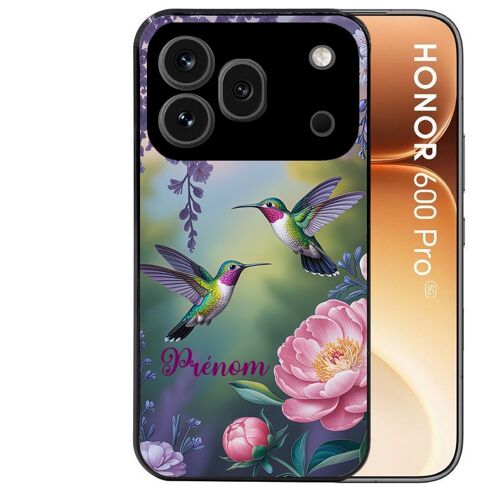 Coque noire pour HONOR 600 PRO 5G motif colibri couple personnalisee