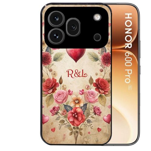 Coque noire pour HONOR 600 PRO 5G motif coeur vintage et initiales personnalisee