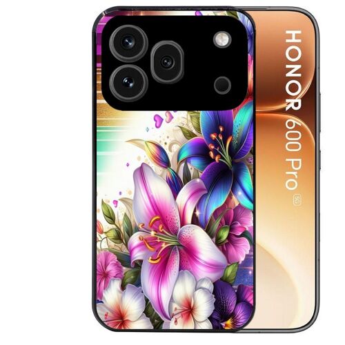 Coque noire pour HONOR 600 PRO 5G motif fleur fluo