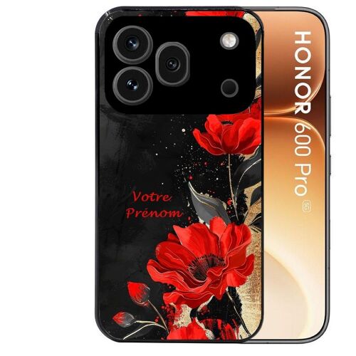 Coque noire pour HONOR 600 PRO 5G motif fleur rouge avec prenom