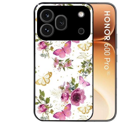 Coque noire pour HONOR 600 PRO 5G fleur et papillon