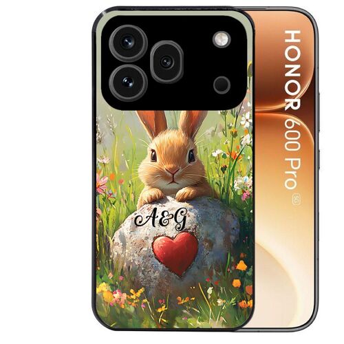 Coque noire pour HONOR 600 PRO 5G motif lapin et fleurs personnalisee