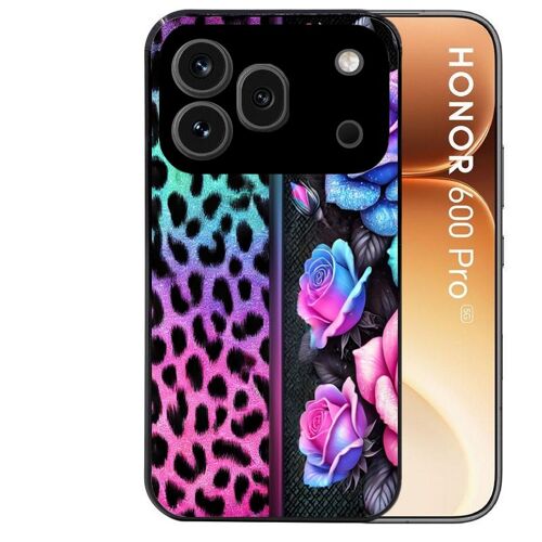 Coque noire pour HONOR 600 PRO 5G motif leopard et fleur