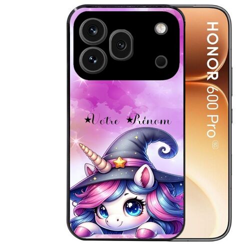 Coque noire pour HONOR 600 PRO 5G motif licorne magic avec prenom