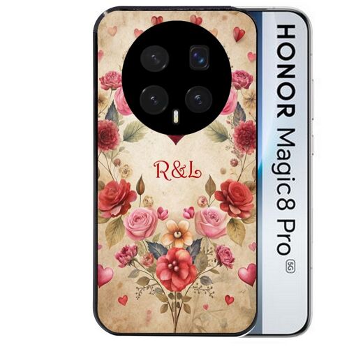 Coque noire pour MAGIC 8 PRO motif coeur vintage et initiales personnalisee