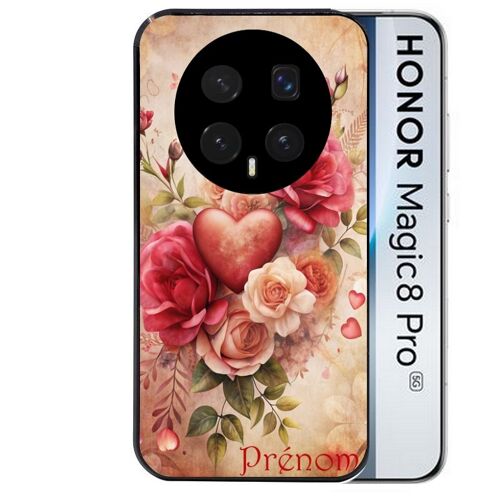 Coque noire pour MAGIC 8 PRO motif coeur et fleur personnalisee