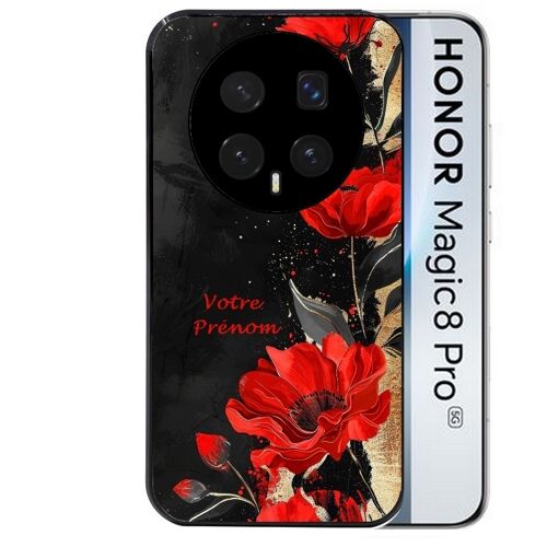 Coque noire pour MAGIC 8 PRO motif fleur rouge avec prenom
