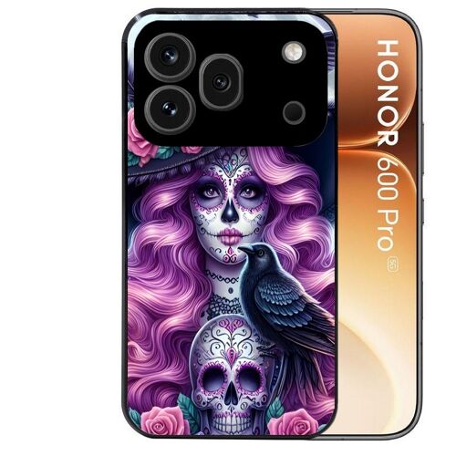 Coque noire pour HONOR 600 PRO 5G motif tete de mort calavera et corbeau