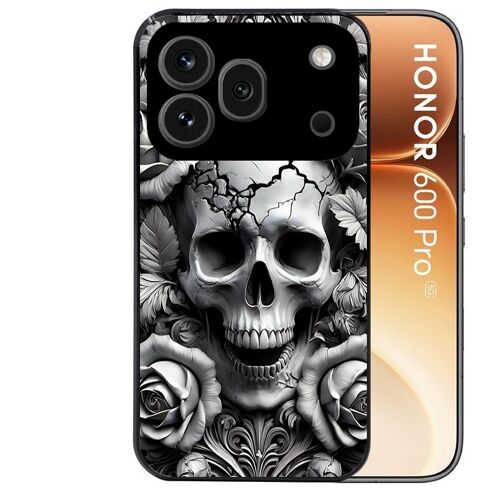 Coque noire pour HONOR 600 PRO 5G motif tete de mort fleur