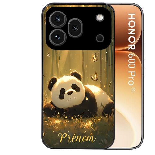 Coque noire pour HONOR 600 PRO 5G panda et papillon personnalisee