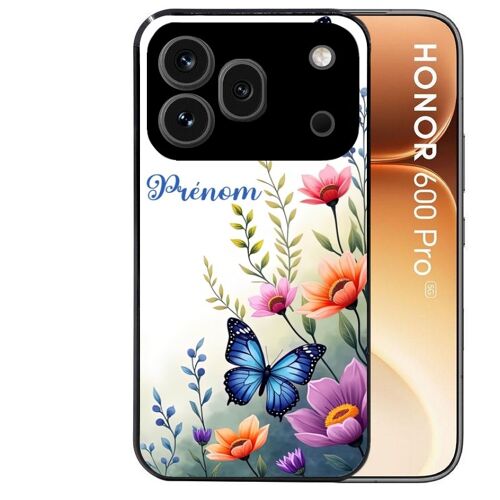 Coque noire pour HONOR 600 PRO 5G motif papillon prenom personnalisee
