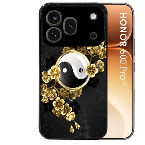 Coque noire pour HONOR 600 PRO 5G motif yin yang et fleur