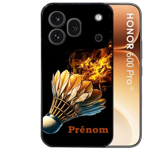 Coque noire pour HONOR 600 PRO 5G motif badminton flamme personnalisee