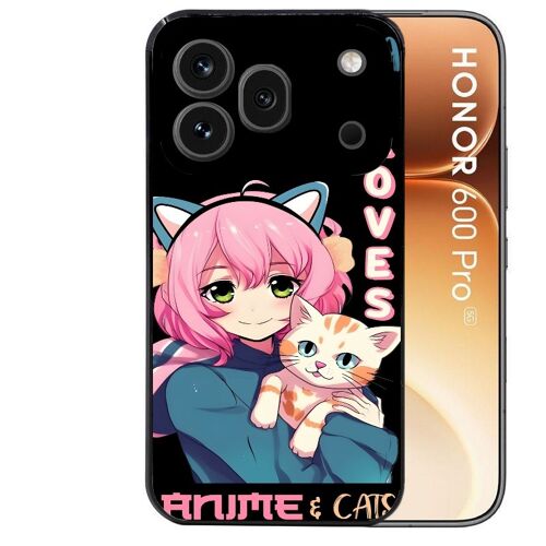 Coque noire pour HONOR 600 PRO 5G motif anime et chat