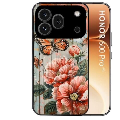 Coque noire pour HONOR 600 PRO 5G motif bois et papillon 3