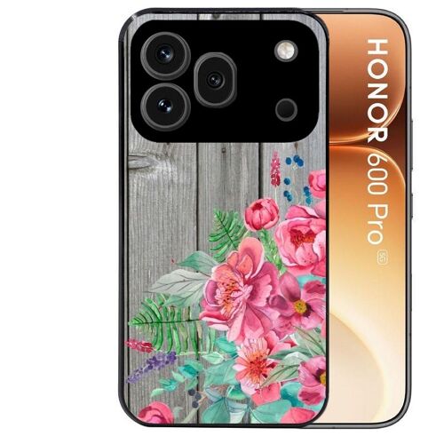 Coque noire pour HONOR 600 PRO 5G bois gris fleur rose