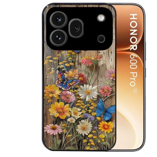 Coque noire pour HONOR 600 PRO 5G motif bois et papillon 1