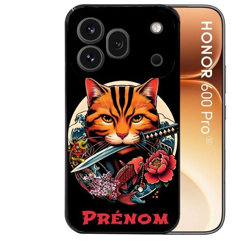 Coque noire pour HONOR 600 PRO 5G motif chat carpe koii japan personnalisee
