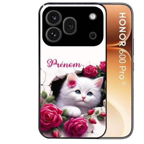 Coque noire pour HONOR 600 PRO 5G motif chat fleurs personnalisee