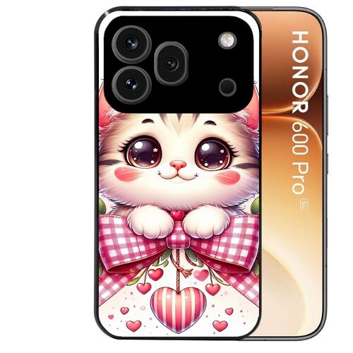 Coque noire pour HONOR 600 PRO 5G motif chat noeud et coeur